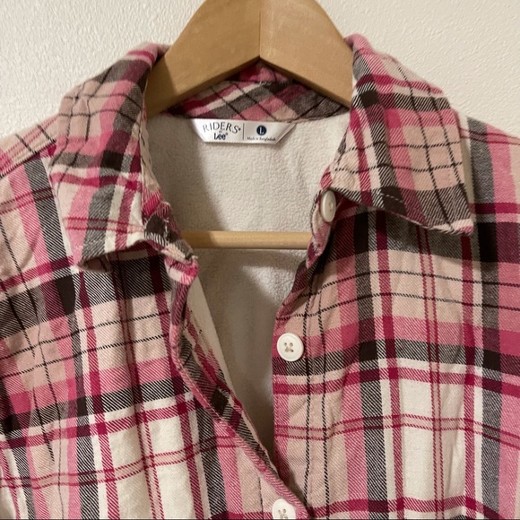 Lee Riders Plaid Flannel Fleece Lined Pink Brown Shacket Shirt Jacket Button-L - Picture 4 of 8